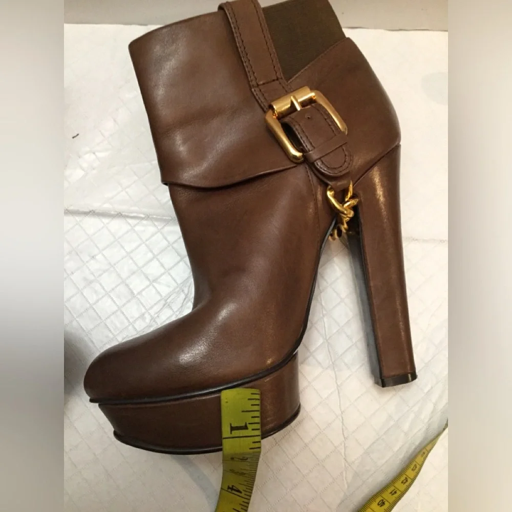 Donald J. Pliner Brown Leather Ankle Booties with Gold Buckle